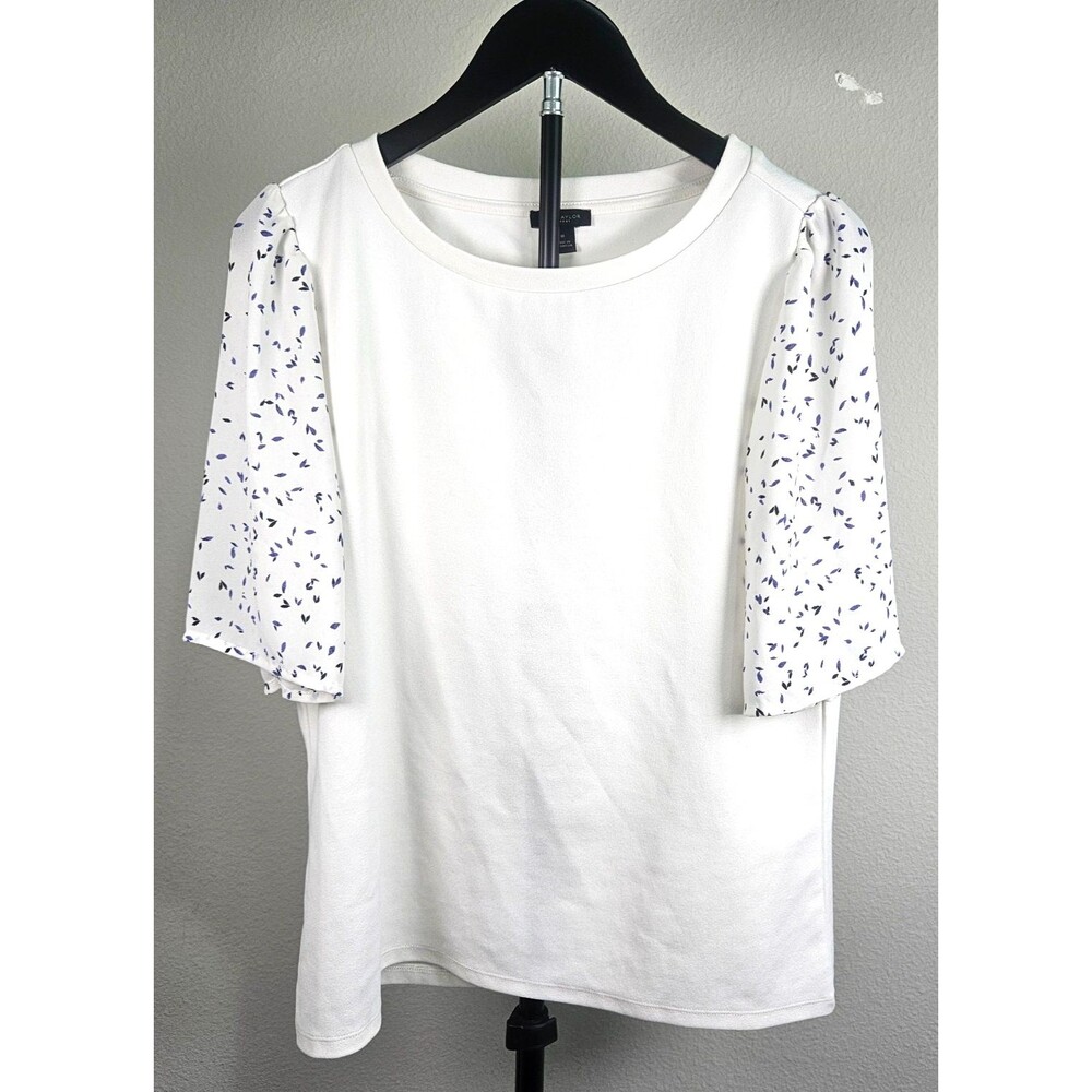 Ann Taylor Factory Blouse Medium White Puff Sleeve Floral Knit Career Top M